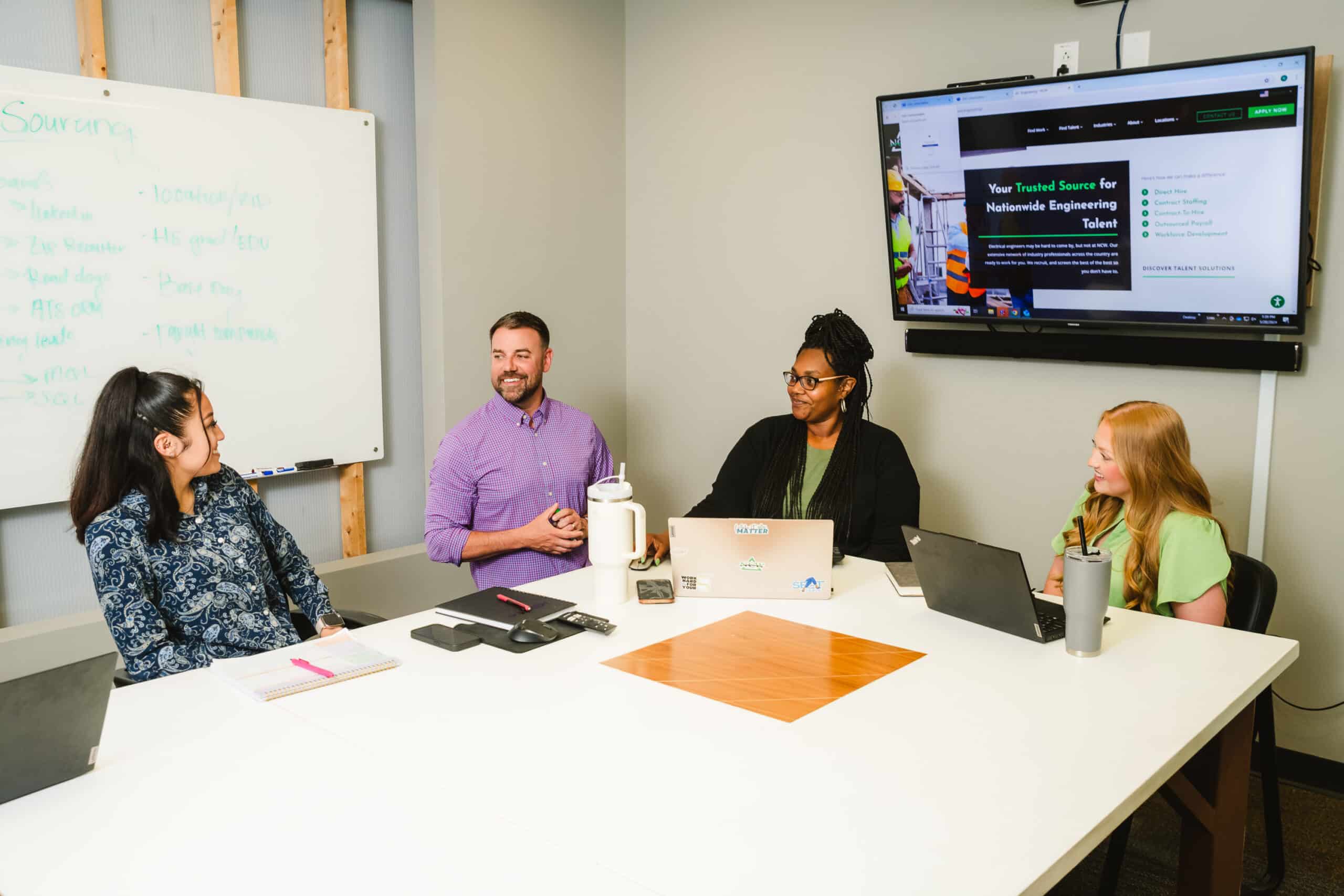 A group of recruiters and business development representatives meet to discuss a client's upcoming needs and how their services can help